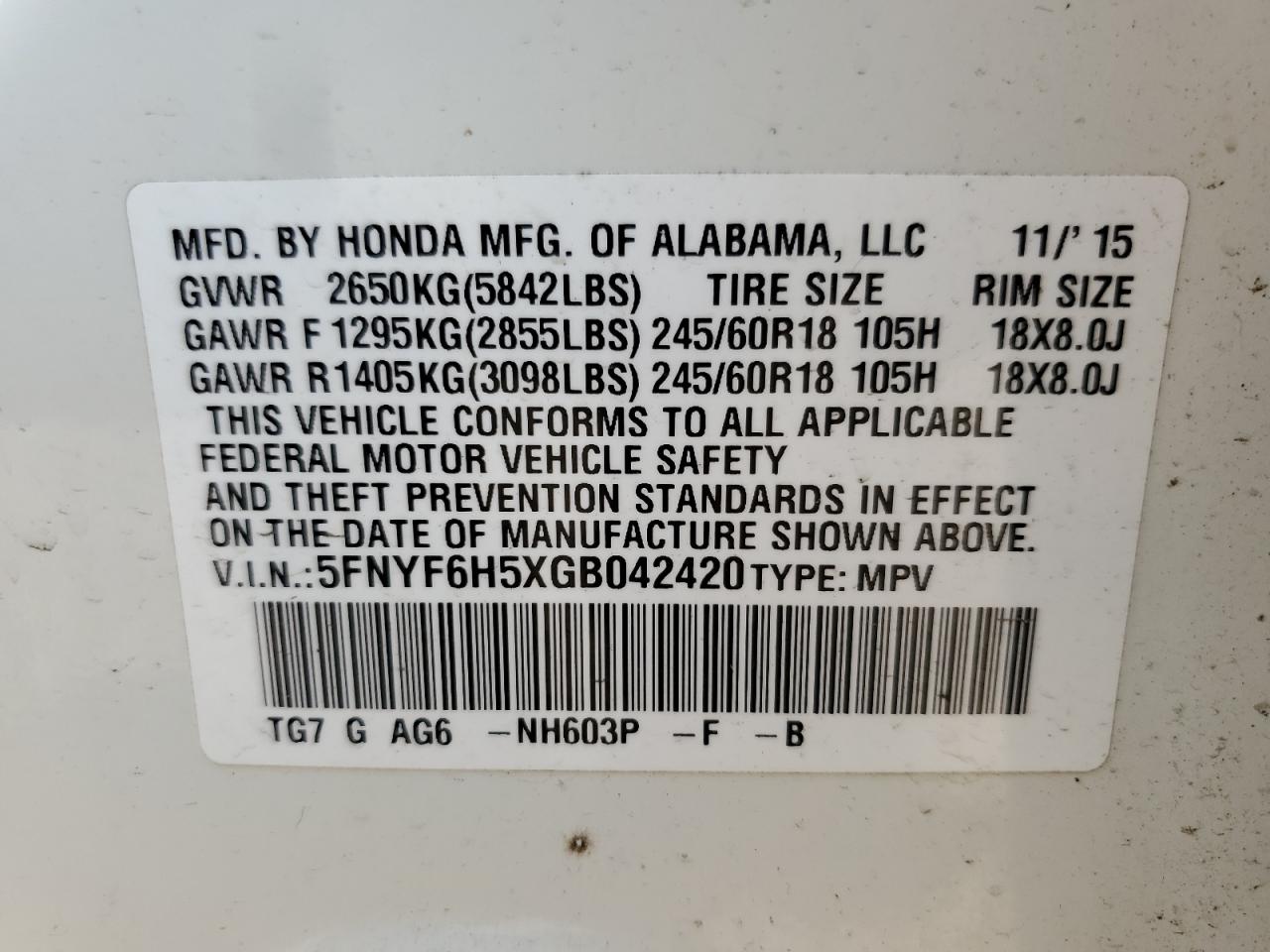 2016 Honda Pilot Exl VIN: 5FNYF6H5XGB042420 Lot: 65087754