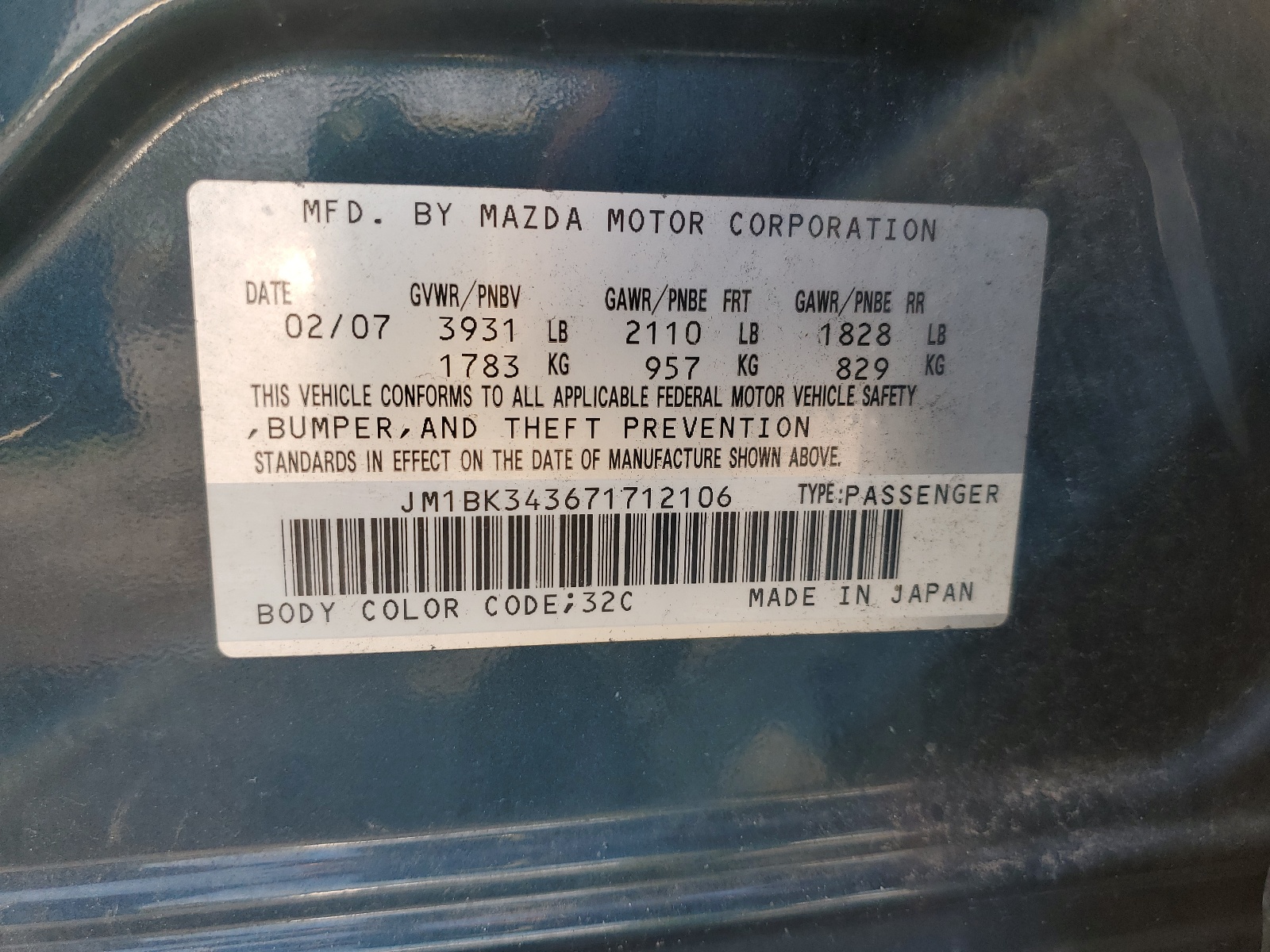 JM1BK343671712106 2007 Mazda 3 Hatchback