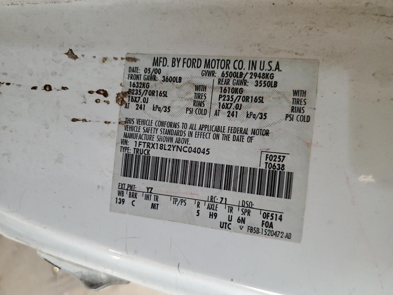 2000 Ford F150 VIN: 1FTRX18L2YNC04045 Lot: 66983394