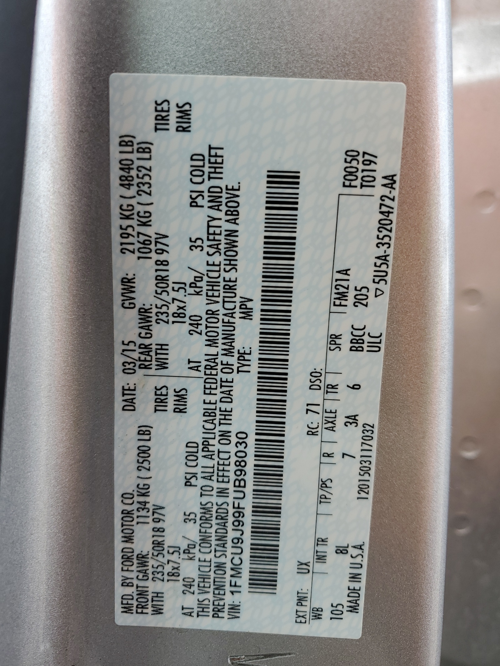 1FMCU9J99FUB98030 2015 Ford Escape Titanium