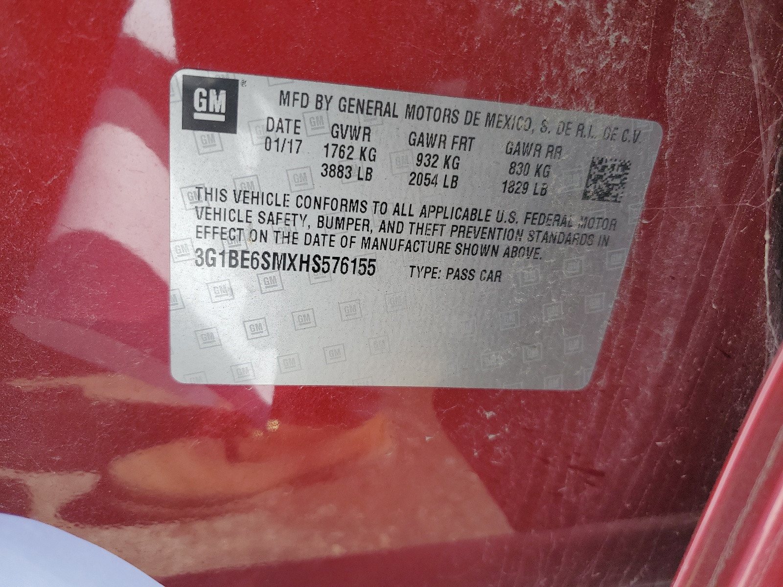 3G1BE6SMXHS576155 2017 Chevrolet Cruze Lt