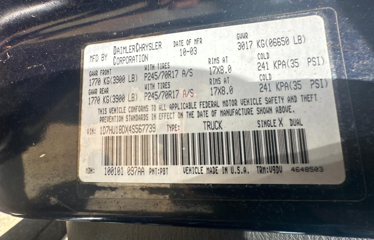 2004 Dodge Ram 1500 St VIN: 1D7HU18DX4S567739 Lot: 66927374