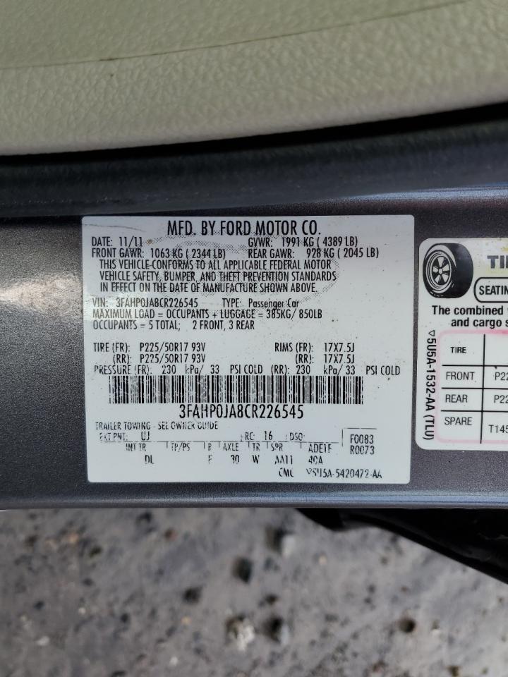 2012 Ford Fusion Sel VIN: 3FAHP0JA8CR226545 Lot: 68091284