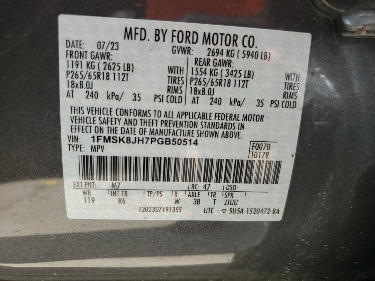 2023 Ford Explorer Timberline VIN: 1FMSK8JH7PGB50514 Lot: 66075314