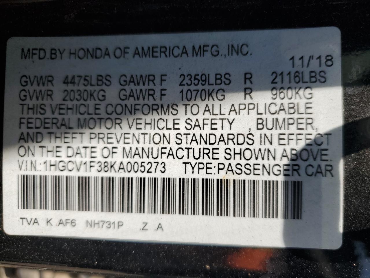 1HGCV1F38KA005273 2019 Honda Accord Sport