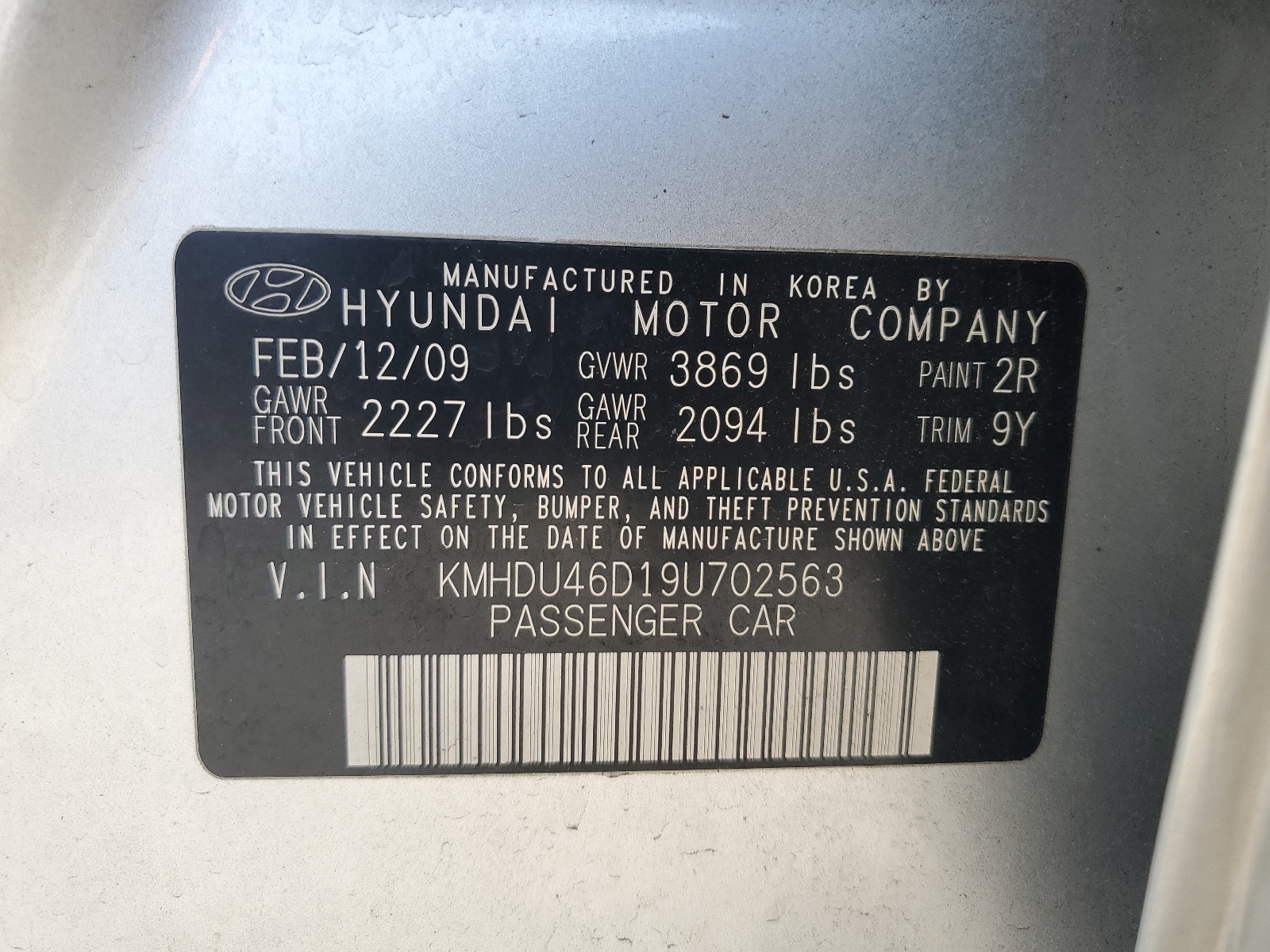 KMHDU46D19U702563 2009 Hyundai Elantra Gls