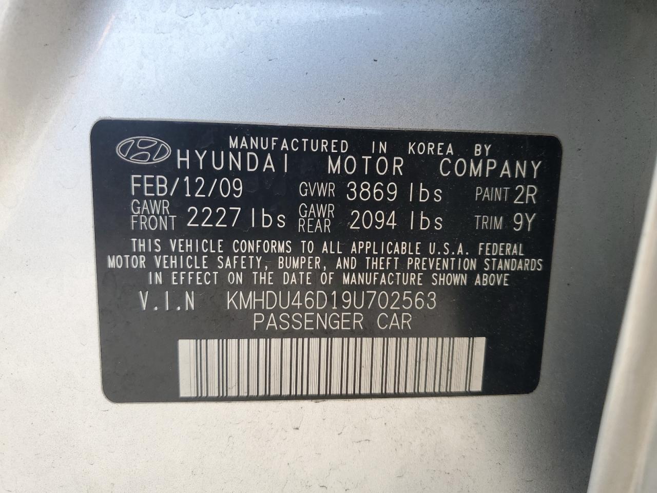 2009 Hyundai Elantra Gls VIN: KMHDU46D19U702563 Lot: 66437204
