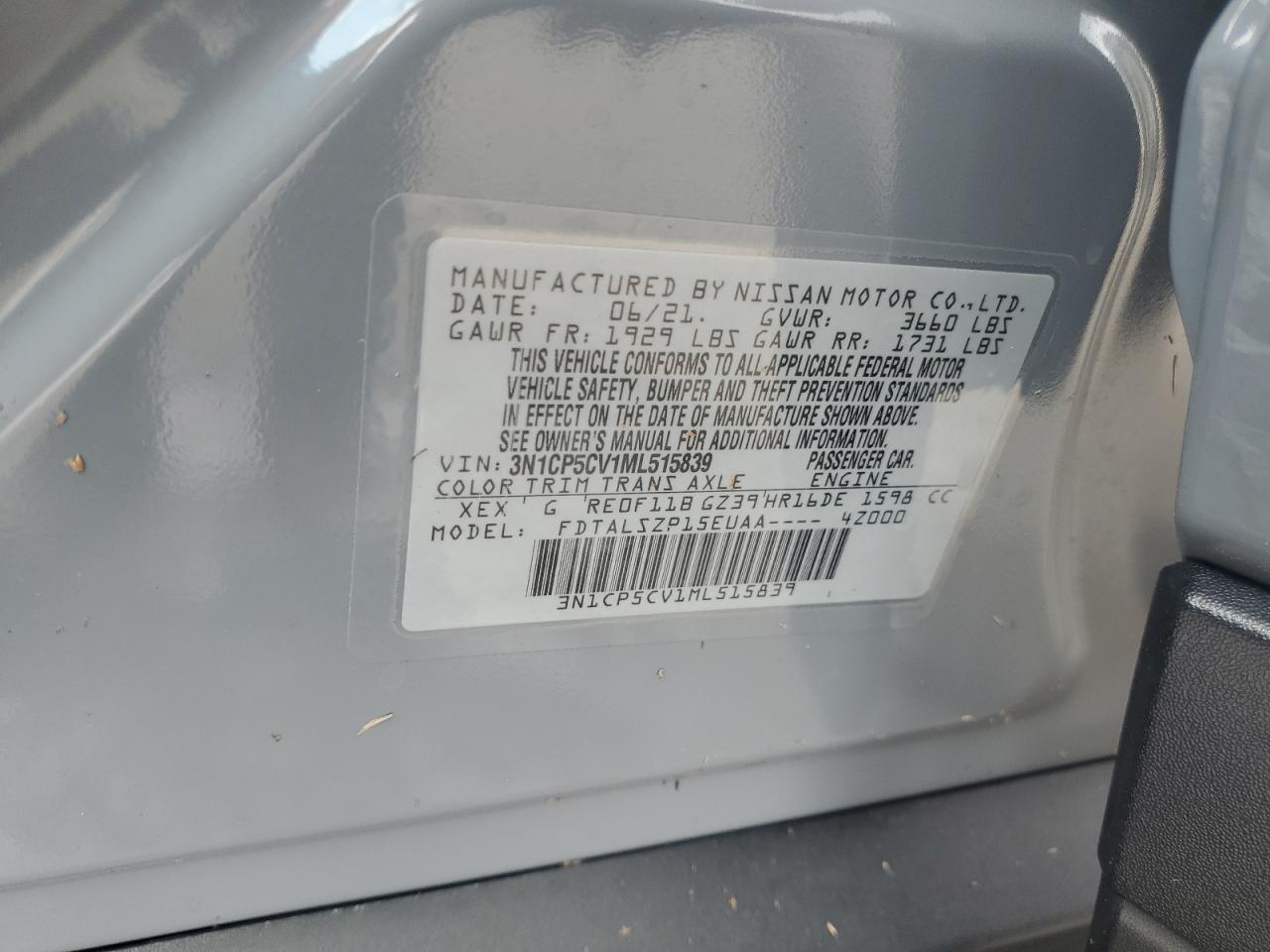 2021 Nissan Kicks Sv VIN: 3N1CP5CV1ML515839 Lot: 66558174