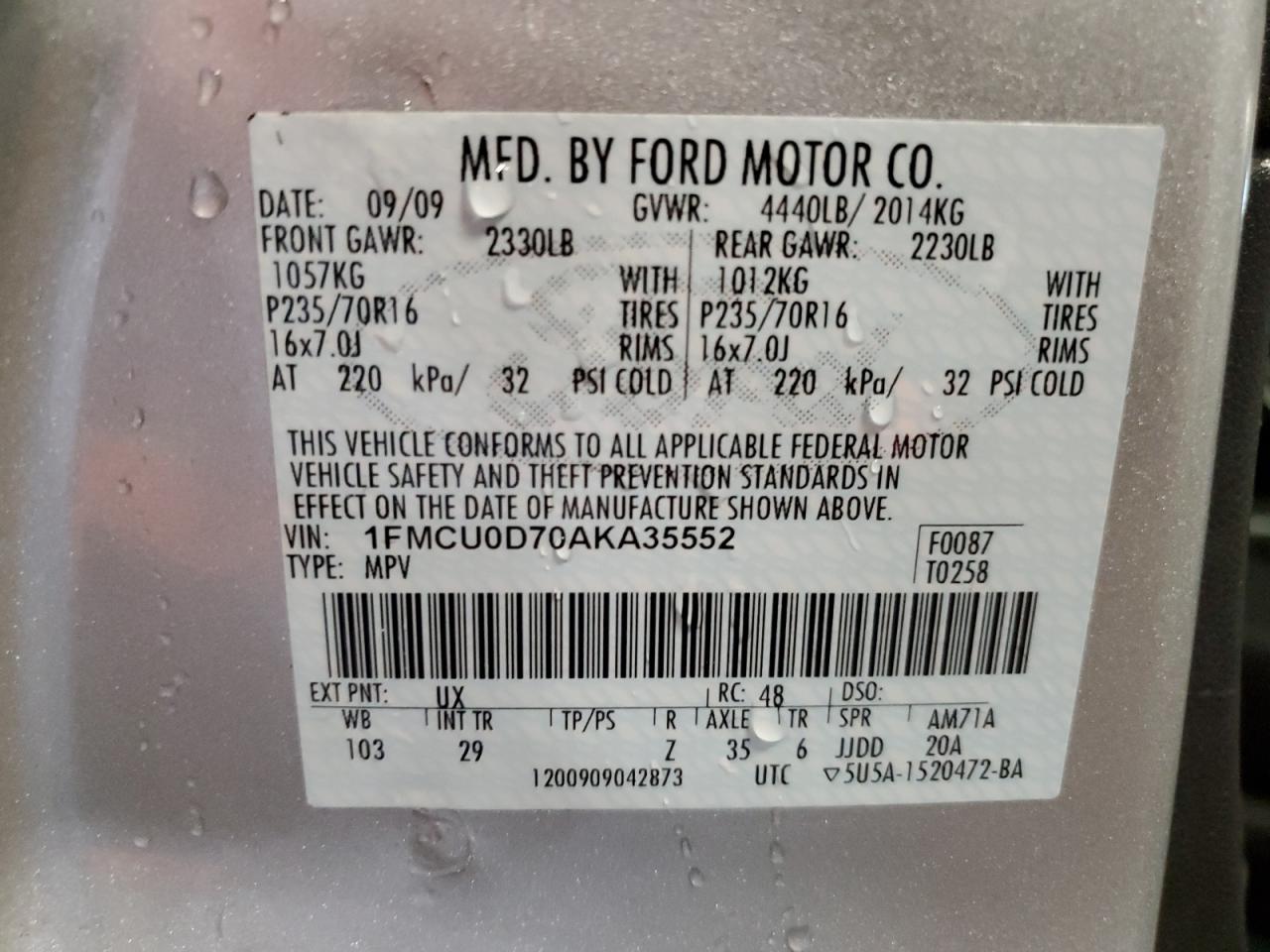 1FMCU0D70AKA35552 2010 Ford Escape Xlt