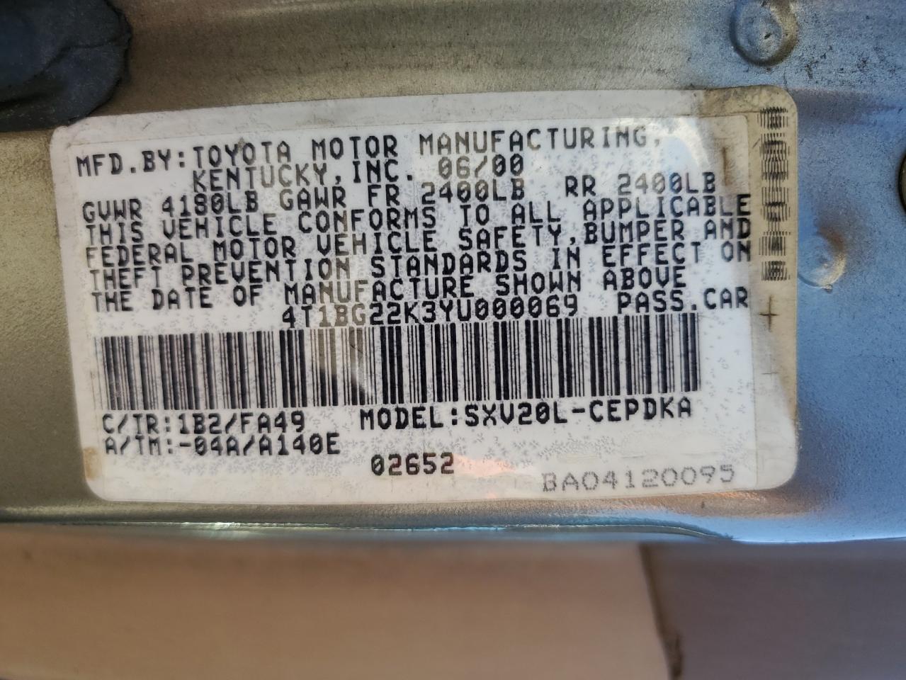 4T1BG22K3YU000069 2000 Toyota Camry Ce