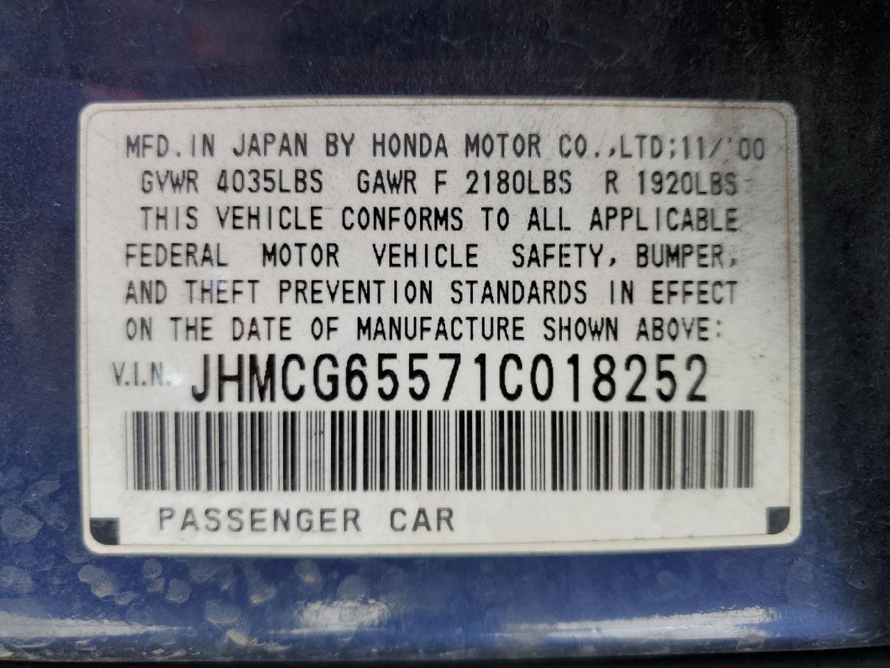 JHMCG65571C018252 2001 Honda Accord Lx