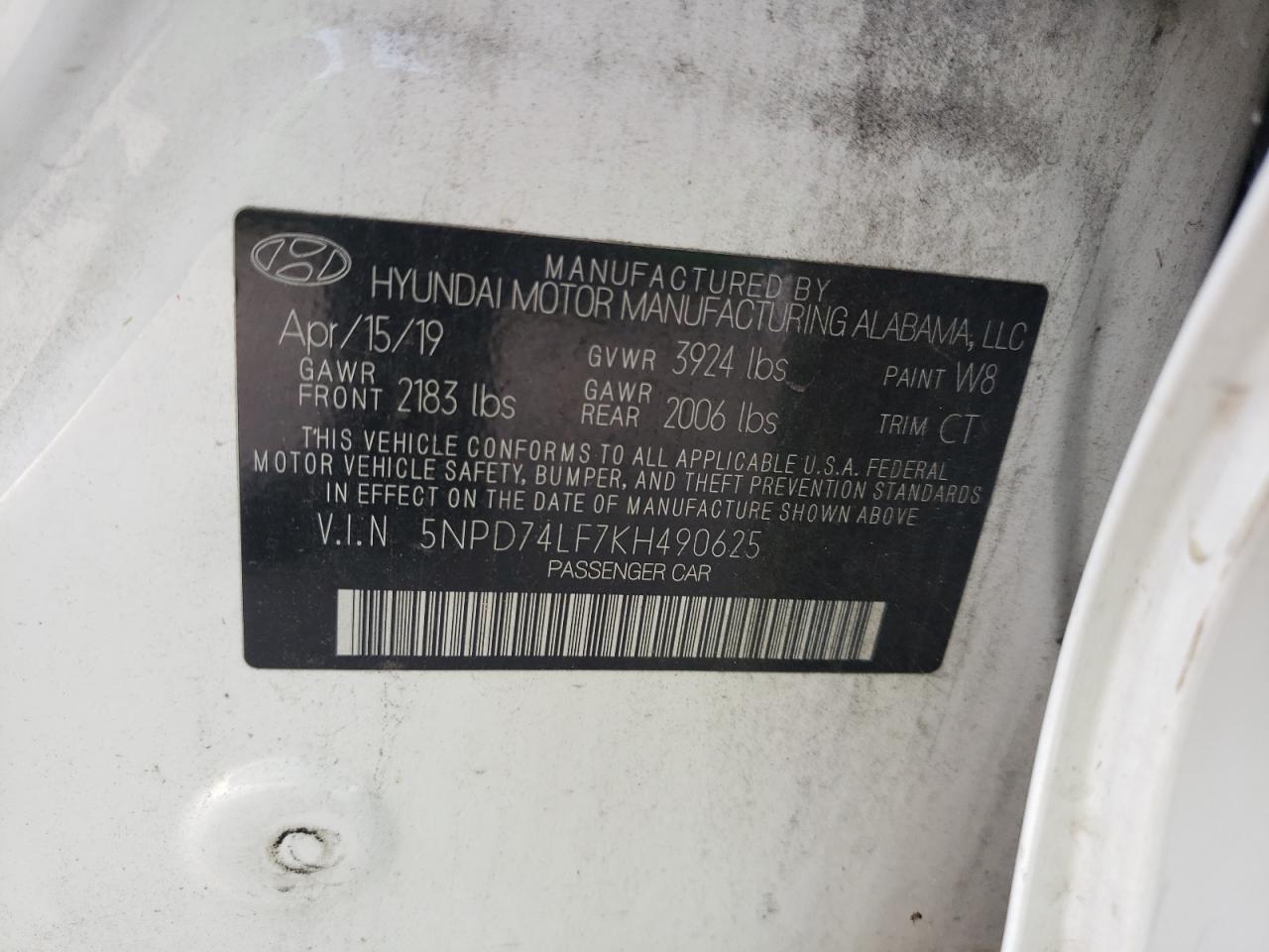 2019 Hyundai Elantra Se VIN: 5NPD74LF7KH490625 Lot: 67118274