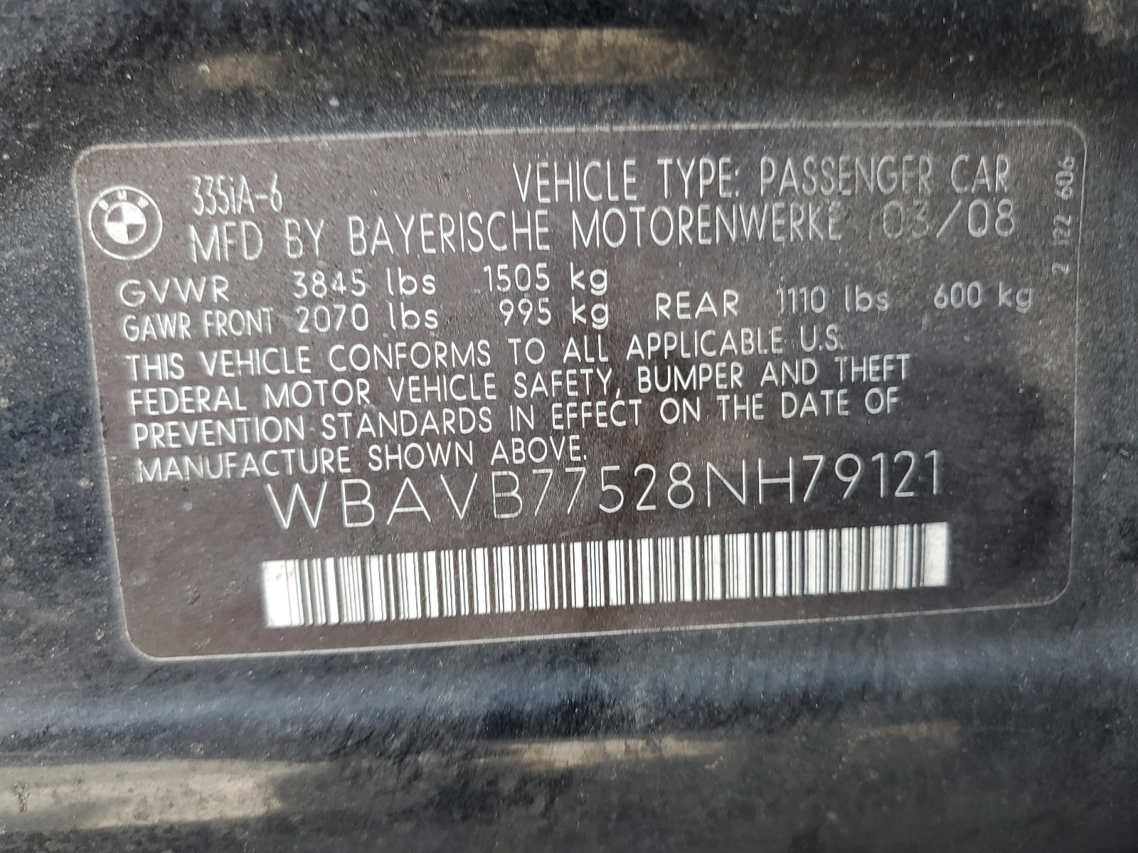 WBAVB77528NH79121 2008 BMW 335 I