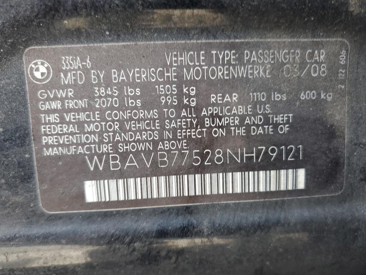 2008 BMW 335 I VIN: WBAVB77528NH79121 Lot: 65791674