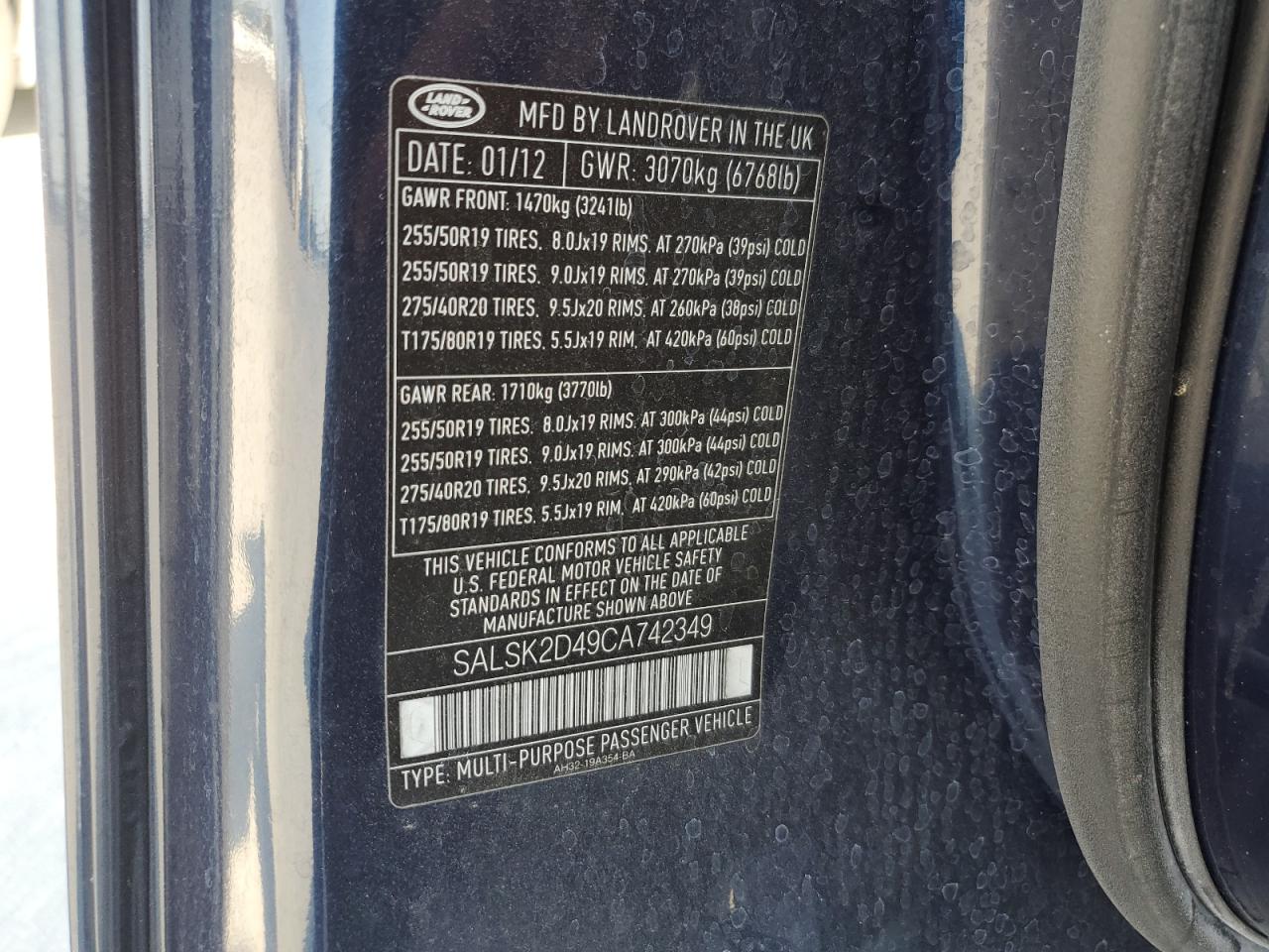 2012 Land Rover Range Rover Sport Hse Luxury VIN: SALSK2D49CA742349 Lot: 68550344