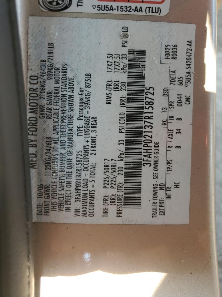 2007 Ford Fusion Sel VIN: 3FAHP02137R158725 Lot: 67541094