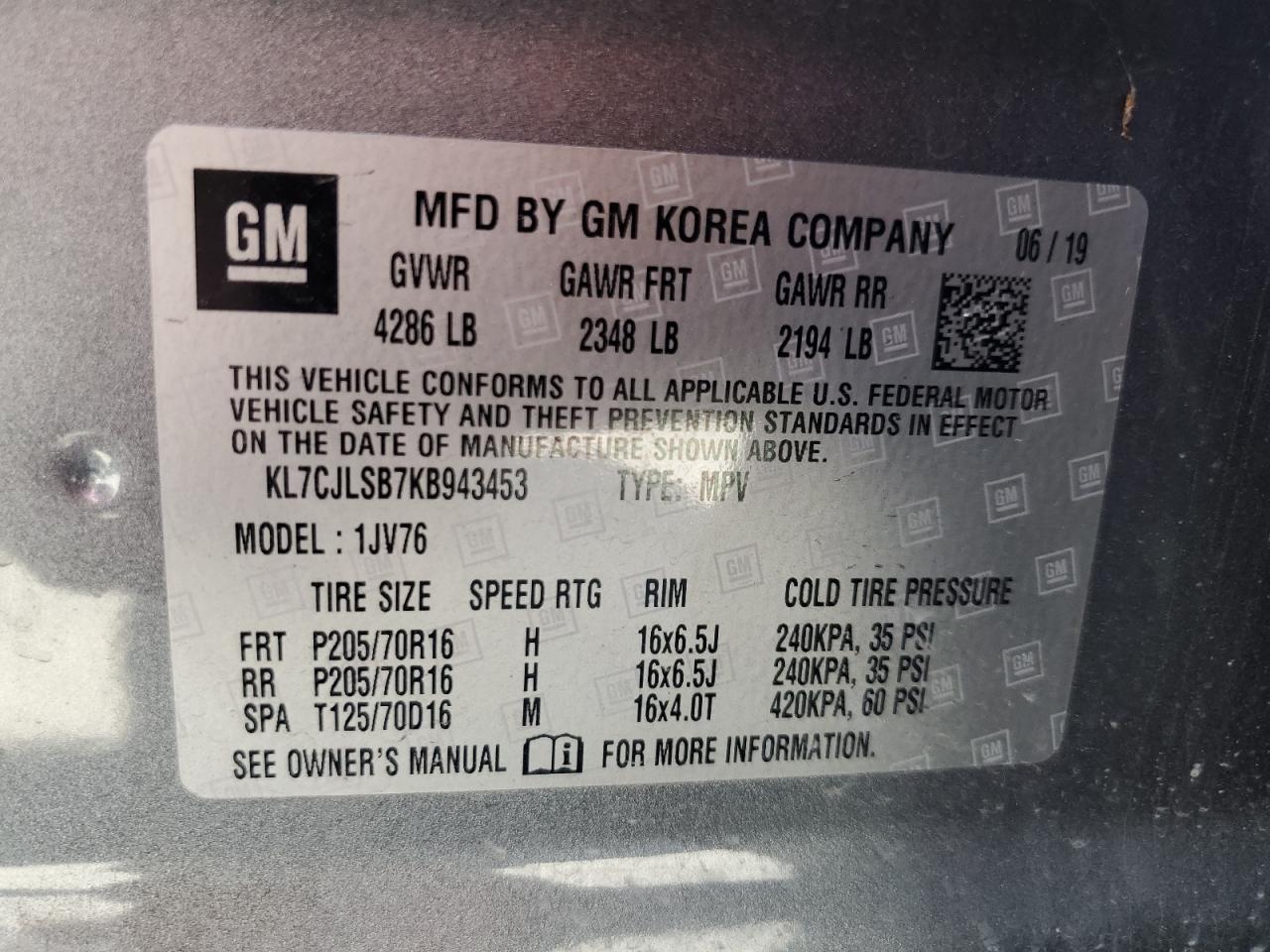 2019 Chevrolet Trax 1Lt VIN: KL7CJLSB7KB943453 Lot: 65761684