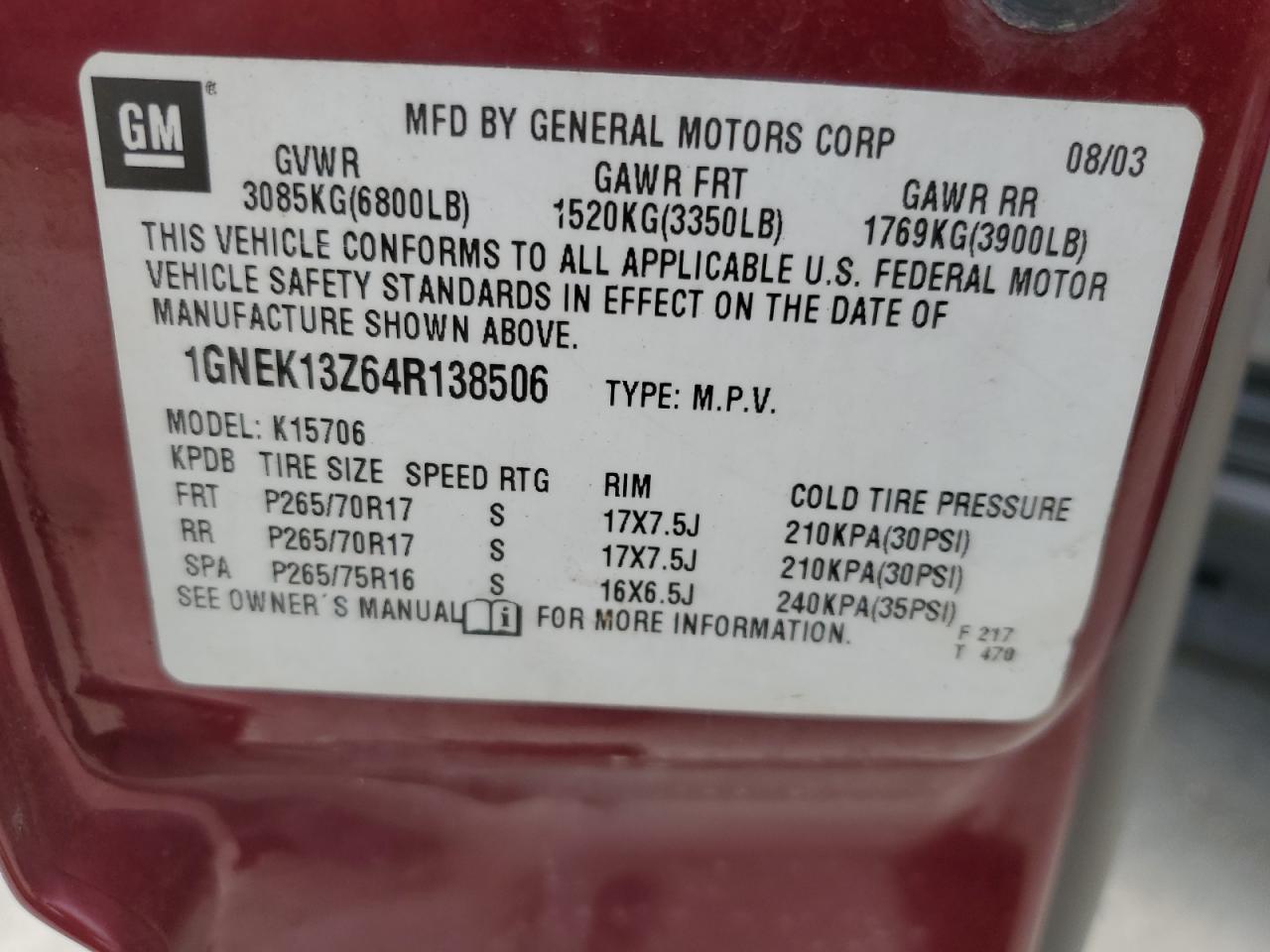 2004 Chevrolet Tahoe K1500 VIN: 1GNEK13Z64R138506 Lot: 64150494