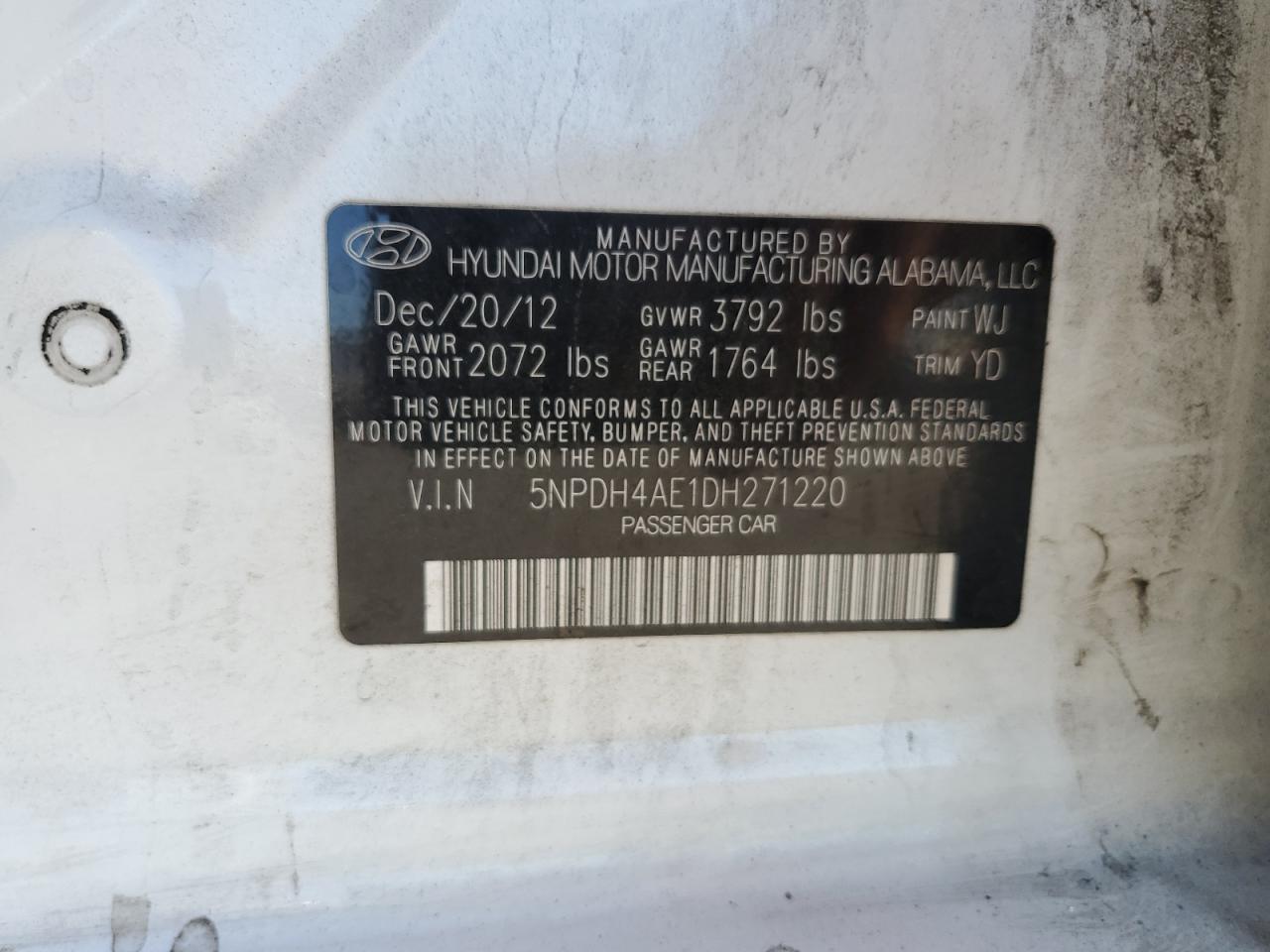 2013 Hyundai Elantra Gls VIN: 5NPDH4AE1DH271220 Lot: 68128024