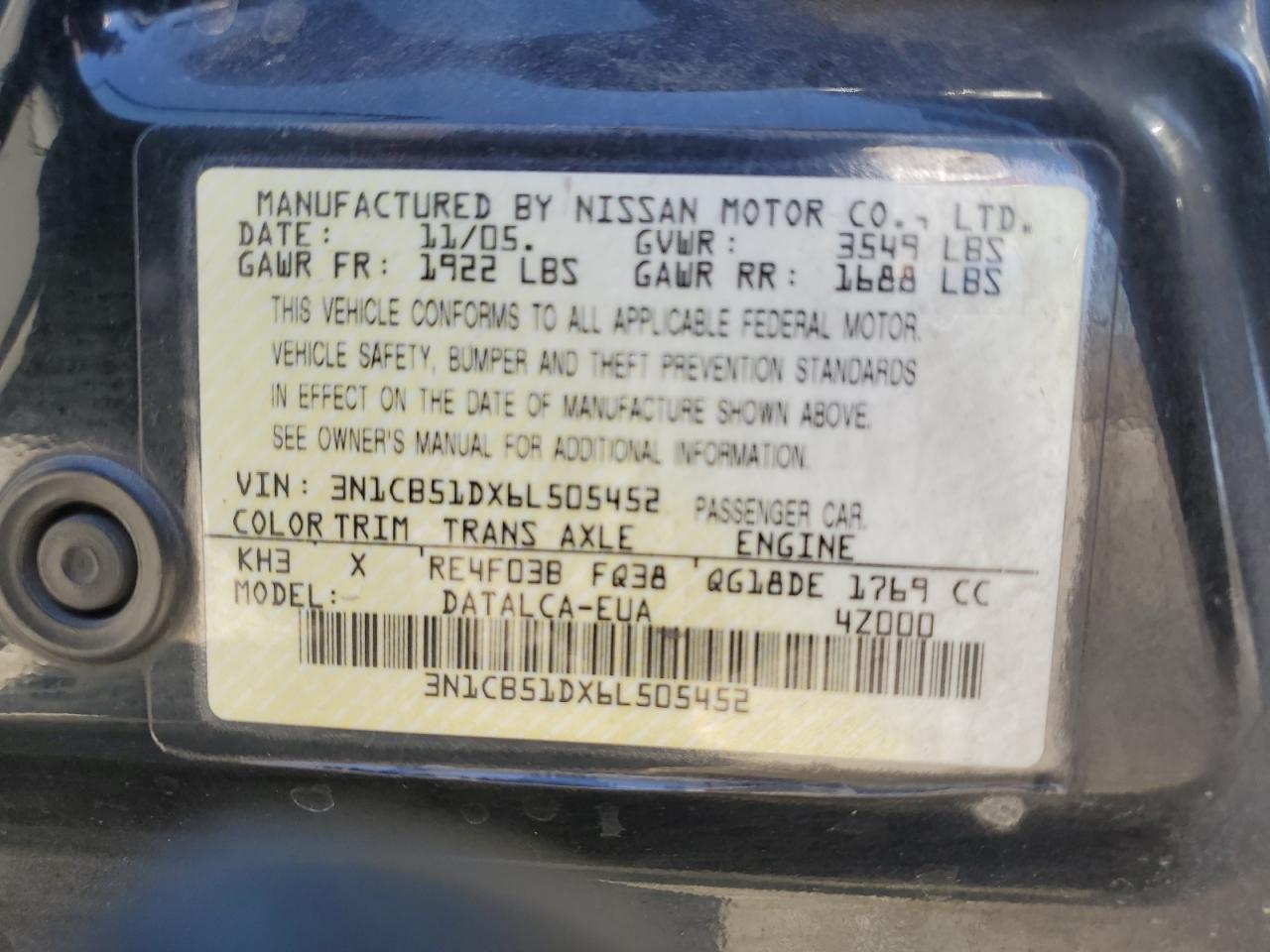 2006 Nissan Sentra 1.8 VIN: 3N1CB51DX6L505452 Lot: 69087734