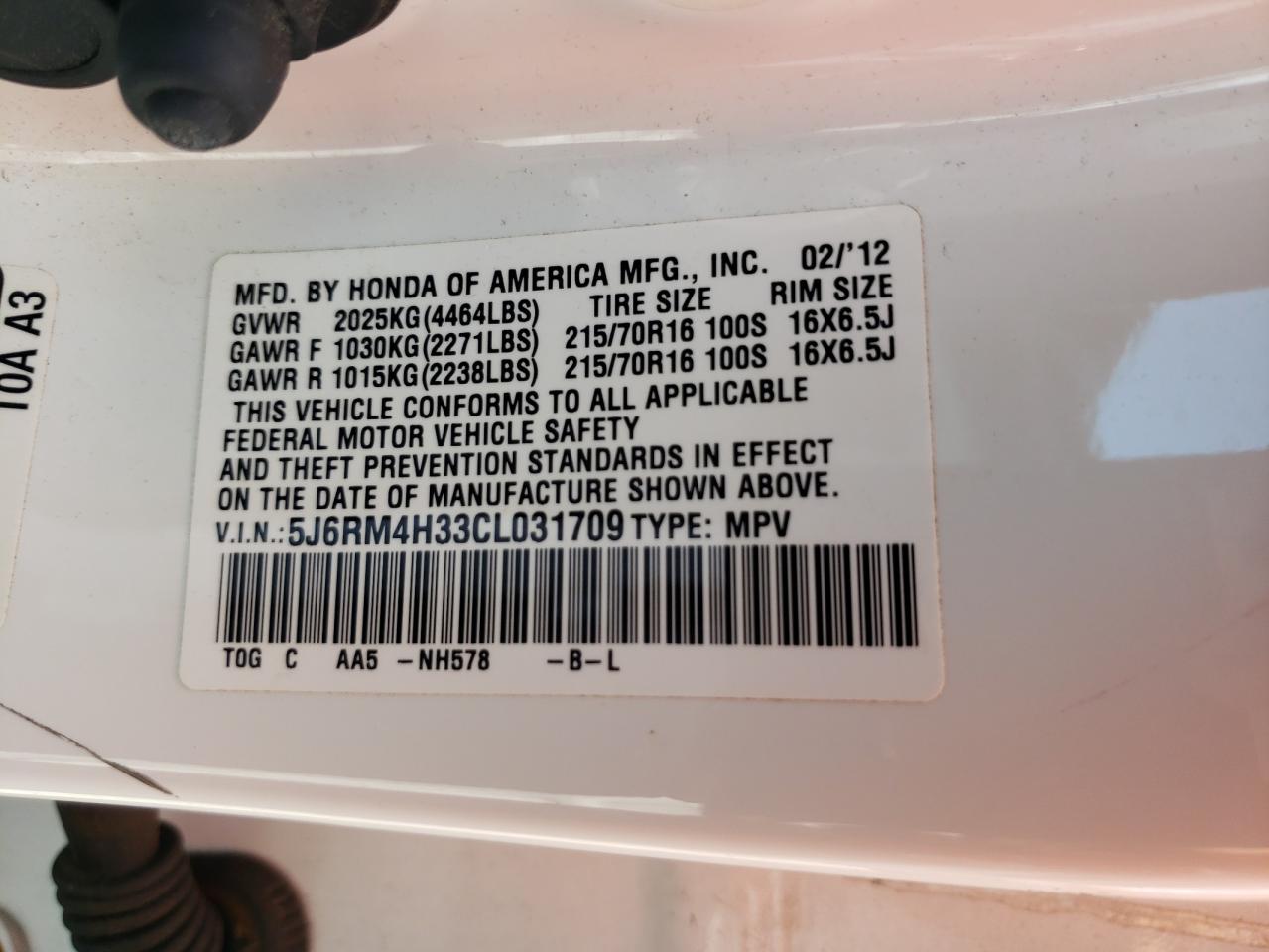 2012 Honda Cr-V Lx VIN: 5J6RM4H33CL031709 Lot: 68356484