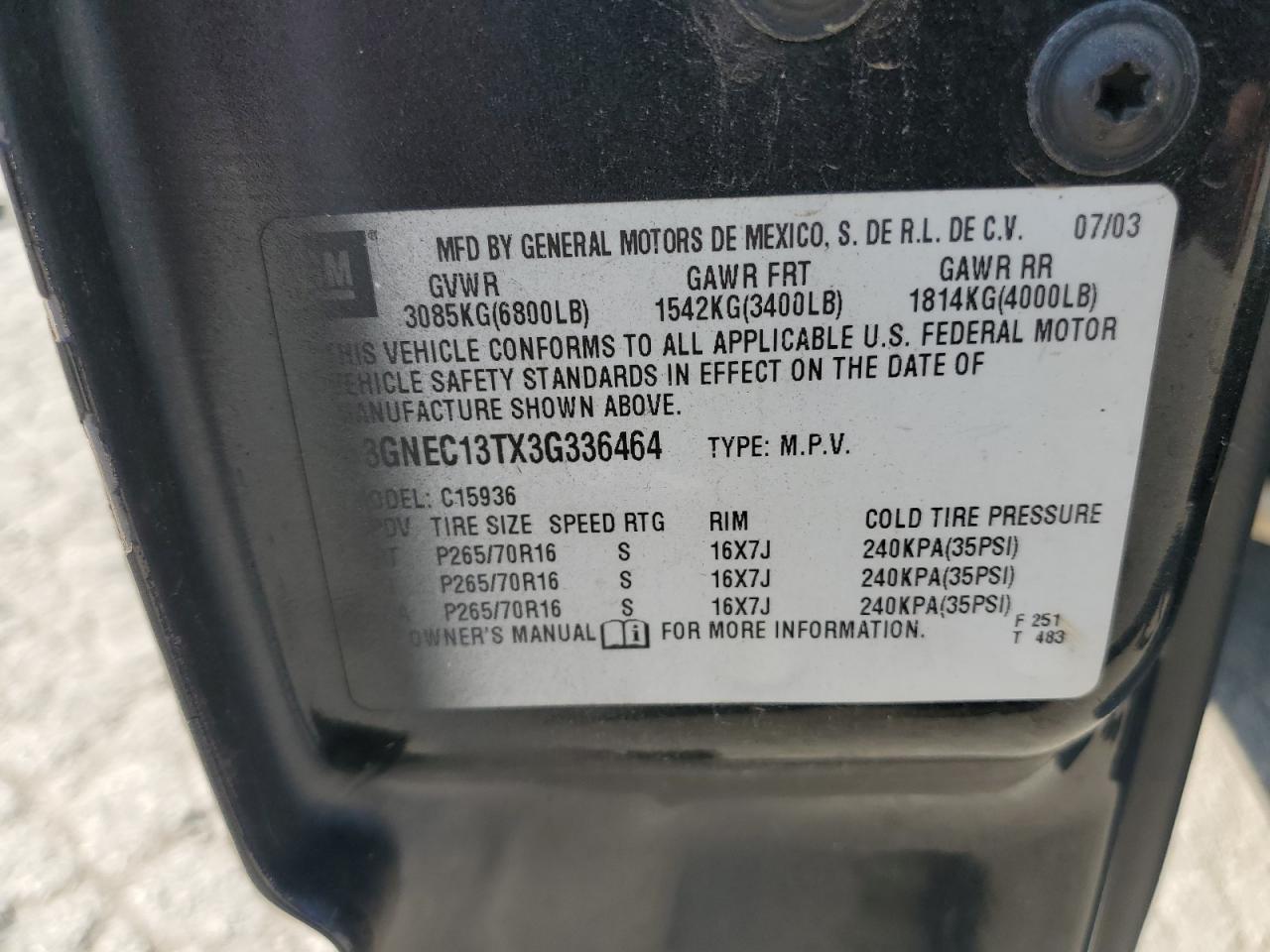 2003 Chevrolet Avalanche C1500 VIN: 3GNEC13TX3G336464 Lot: 66781584