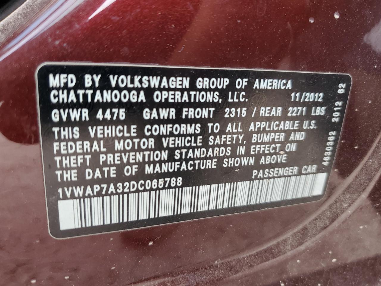 2013 Volkswagen Passat S VIN: 1VWAP7A32DC065788 Lot: 69376424