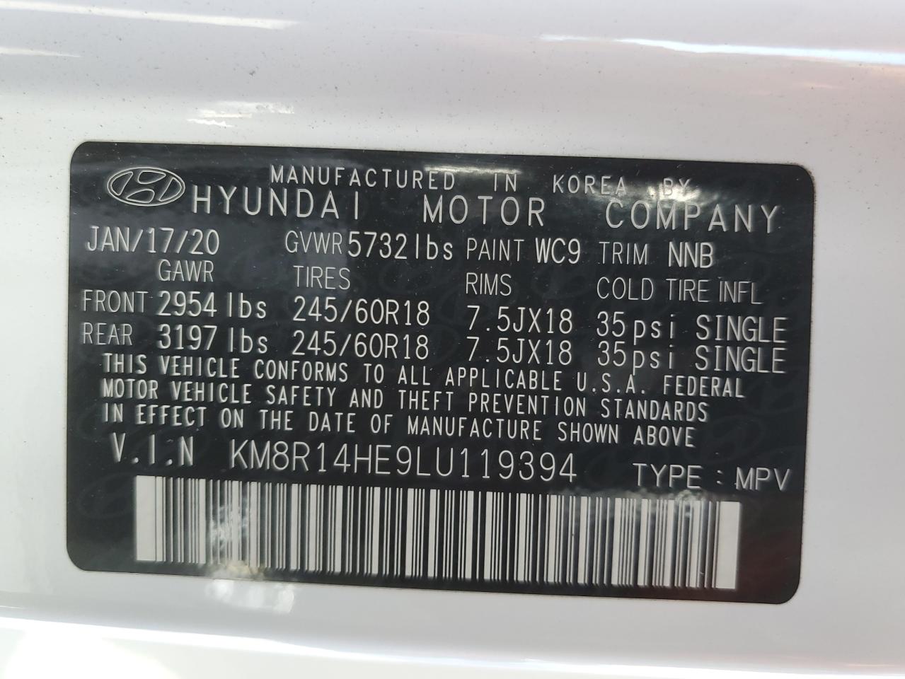 KM8R14HE9LU119394 2020 Hyundai Palisade Se