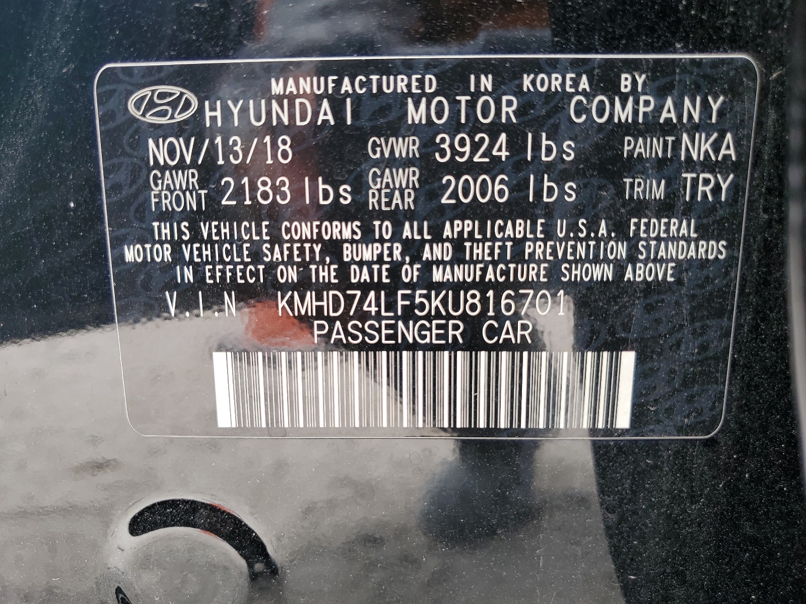 KMHD74LF5KU816701 2019 Hyundai Elantra Se