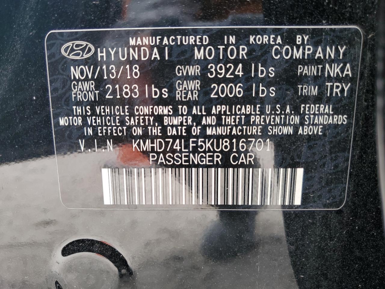 2019 Hyundai Elantra Se VIN: KMHD74LF5KU816701 Lot: 67030344