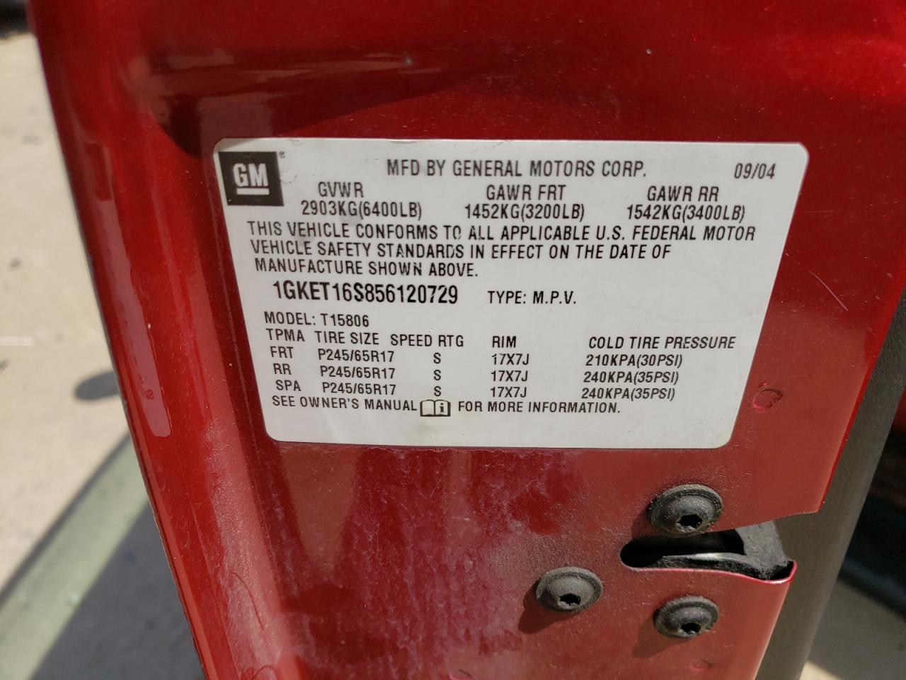 2005 GMC Envoy Xl VIN: 1GKET16S856120729 Lot: 67204294