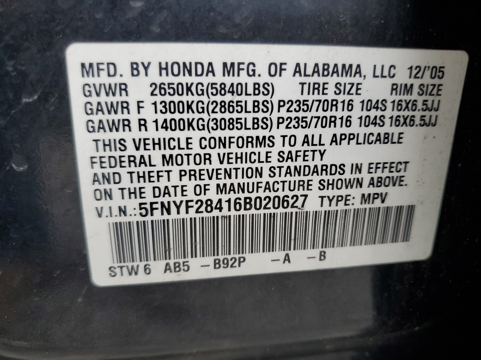 5FNYF28416B020627 2006 Honda Pilot Ex