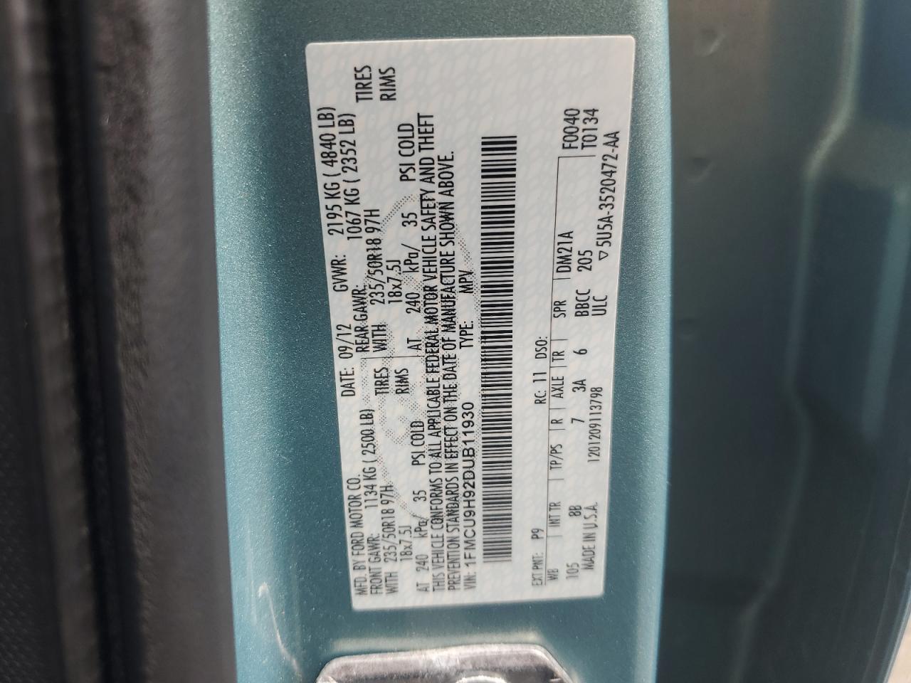 2013 Ford Escape Sel VIN: 1FMCU9H92DUB11930 Lot: 66088534