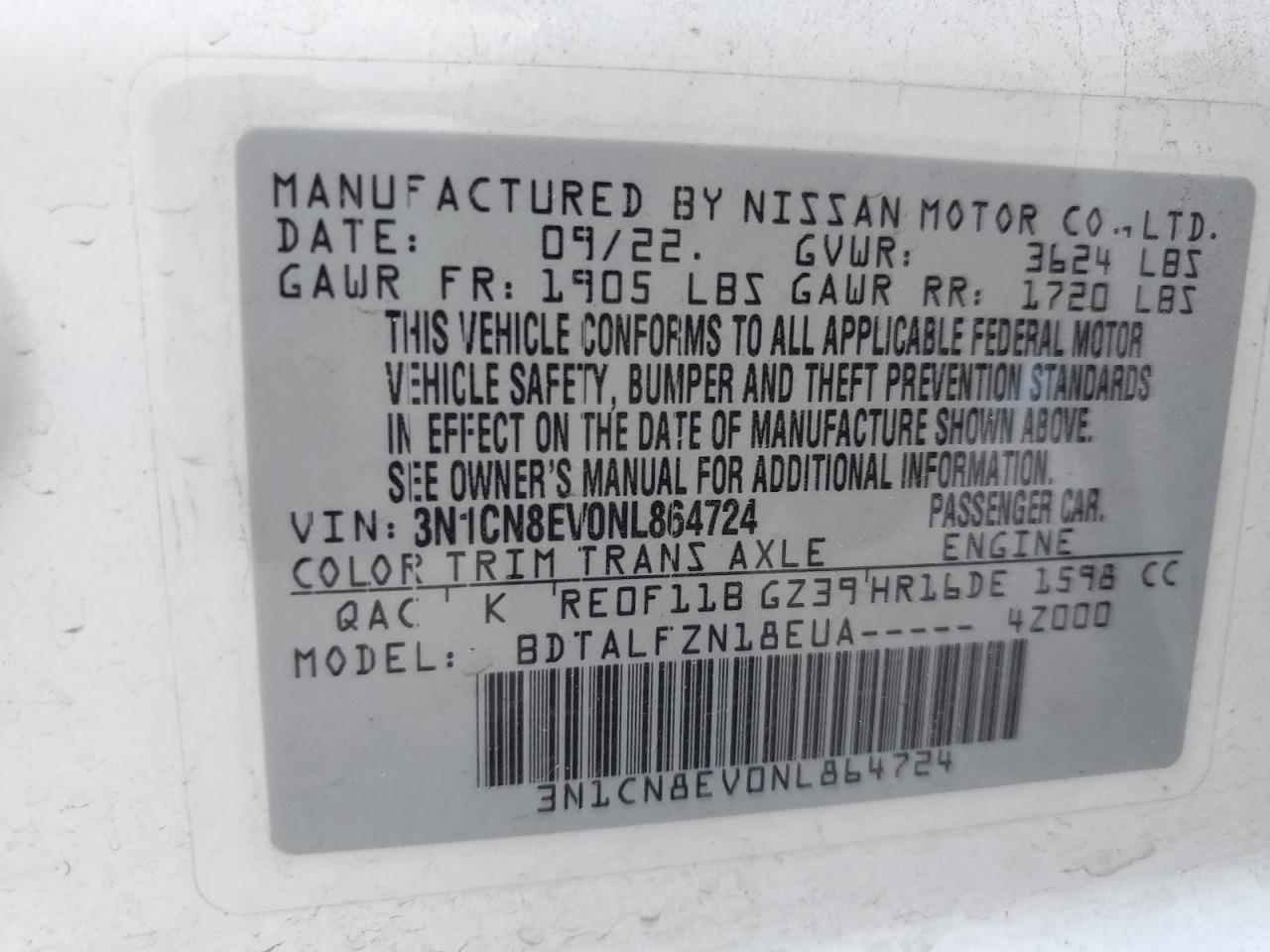 VIN 3N1CN8EV0NL864724 2022 NISSAN VERSA no.12