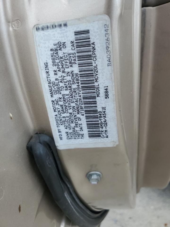 2000 Toyota Camry Le VIN: 4T1BF22K4YU944806 Lot: 68149454