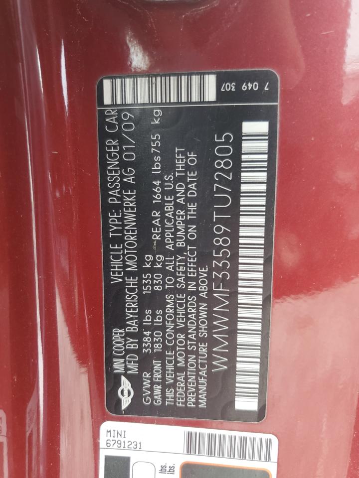 2009 Mini Cooper VIN: WMWMF33589TU72805 Lot: 66467064