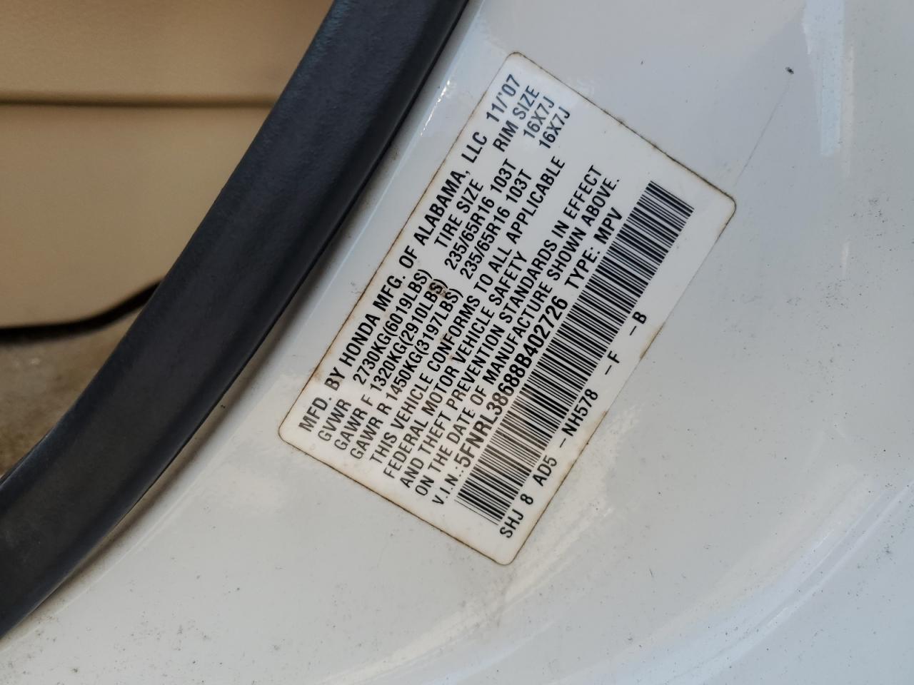 5FNRL38688B402726 2008 Honda Odyssey Exl