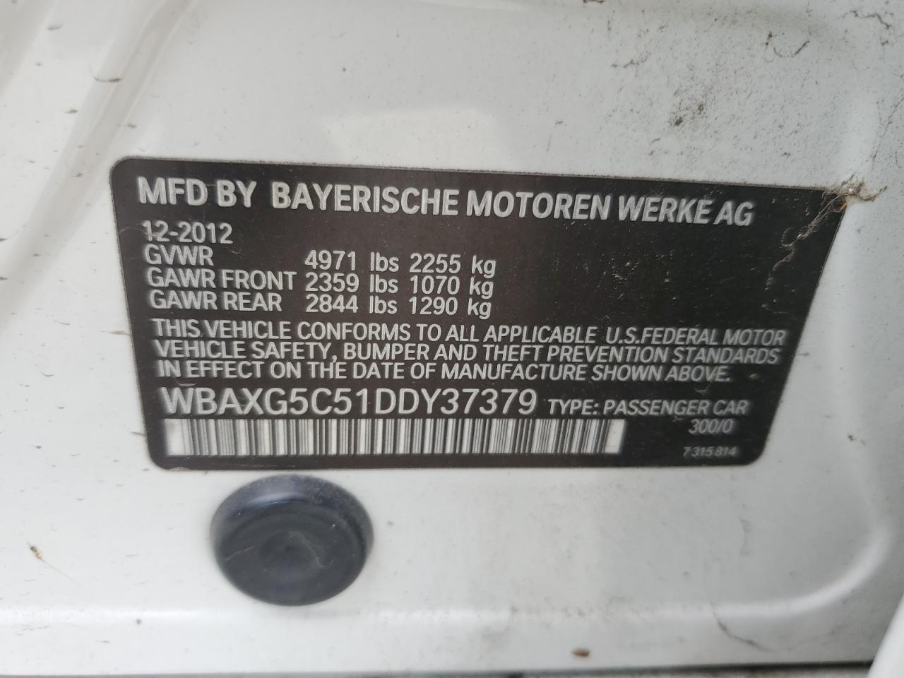 2013 BMW 528 I VIN: WBAXG5C51DDY37379 Lot: 68492794