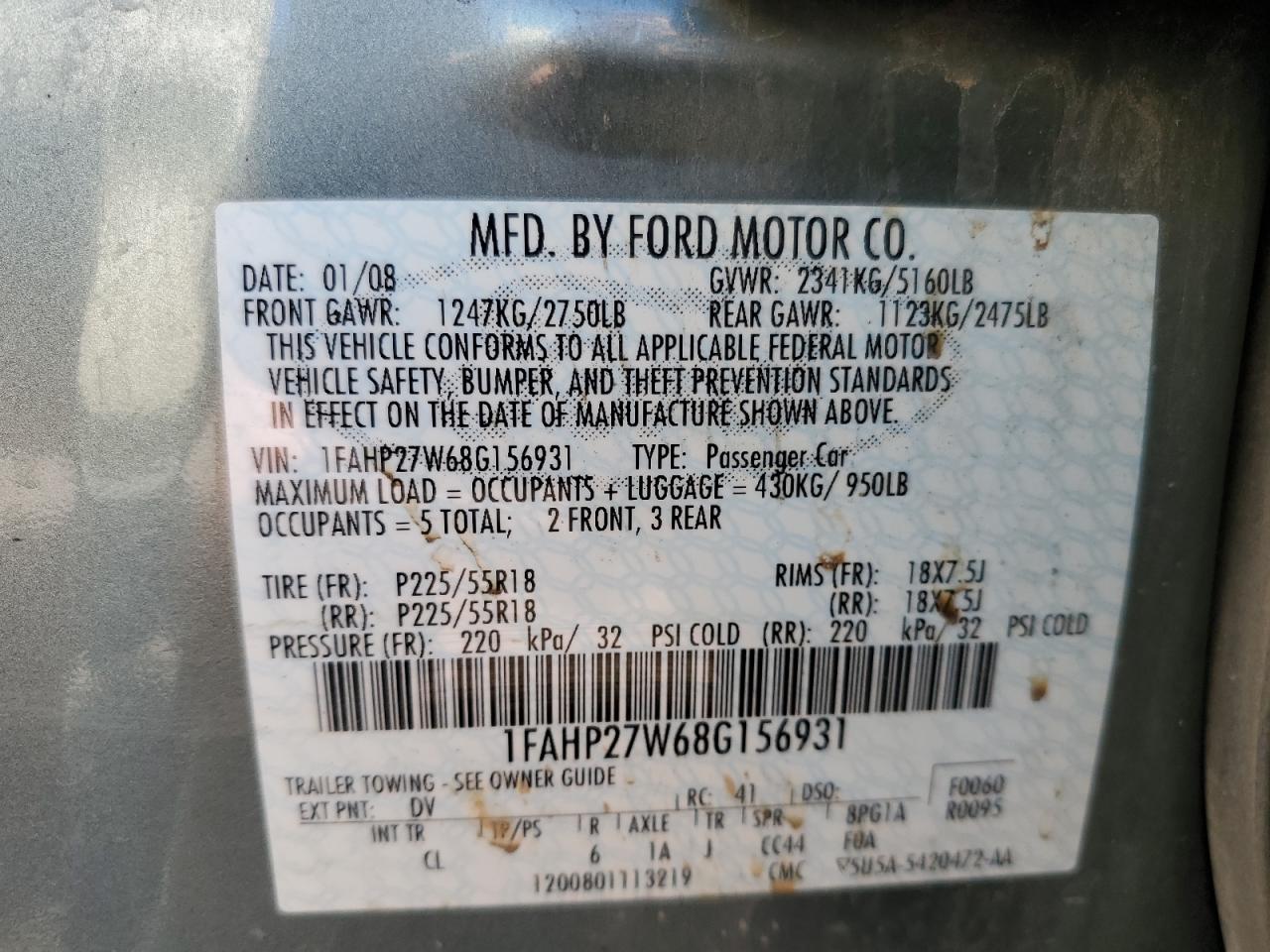 1FAHP27W68G156931 2008 Ford Taurus Sel