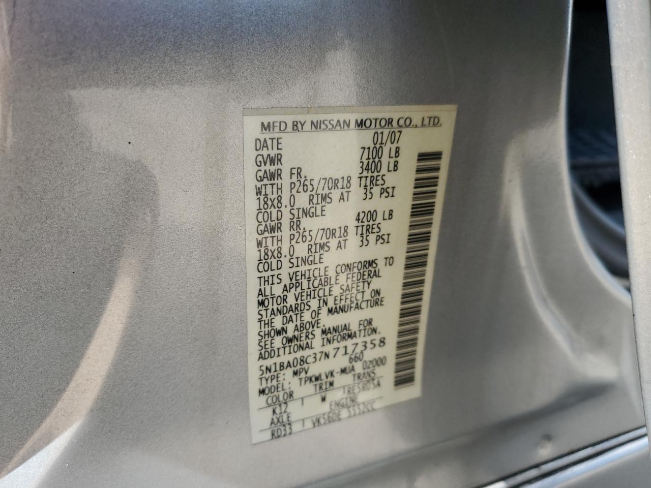 5N1BA08C37N717358 2007 Nissan Armada Se