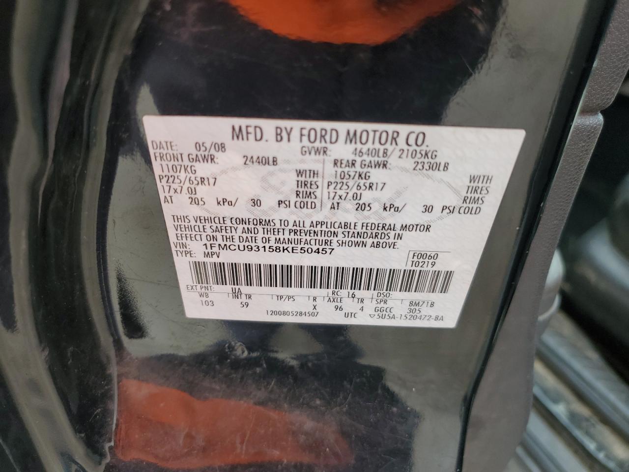 2008 Ford Escape Xlt VIN: 1FMCU93158KE50457 Lot: 66786284