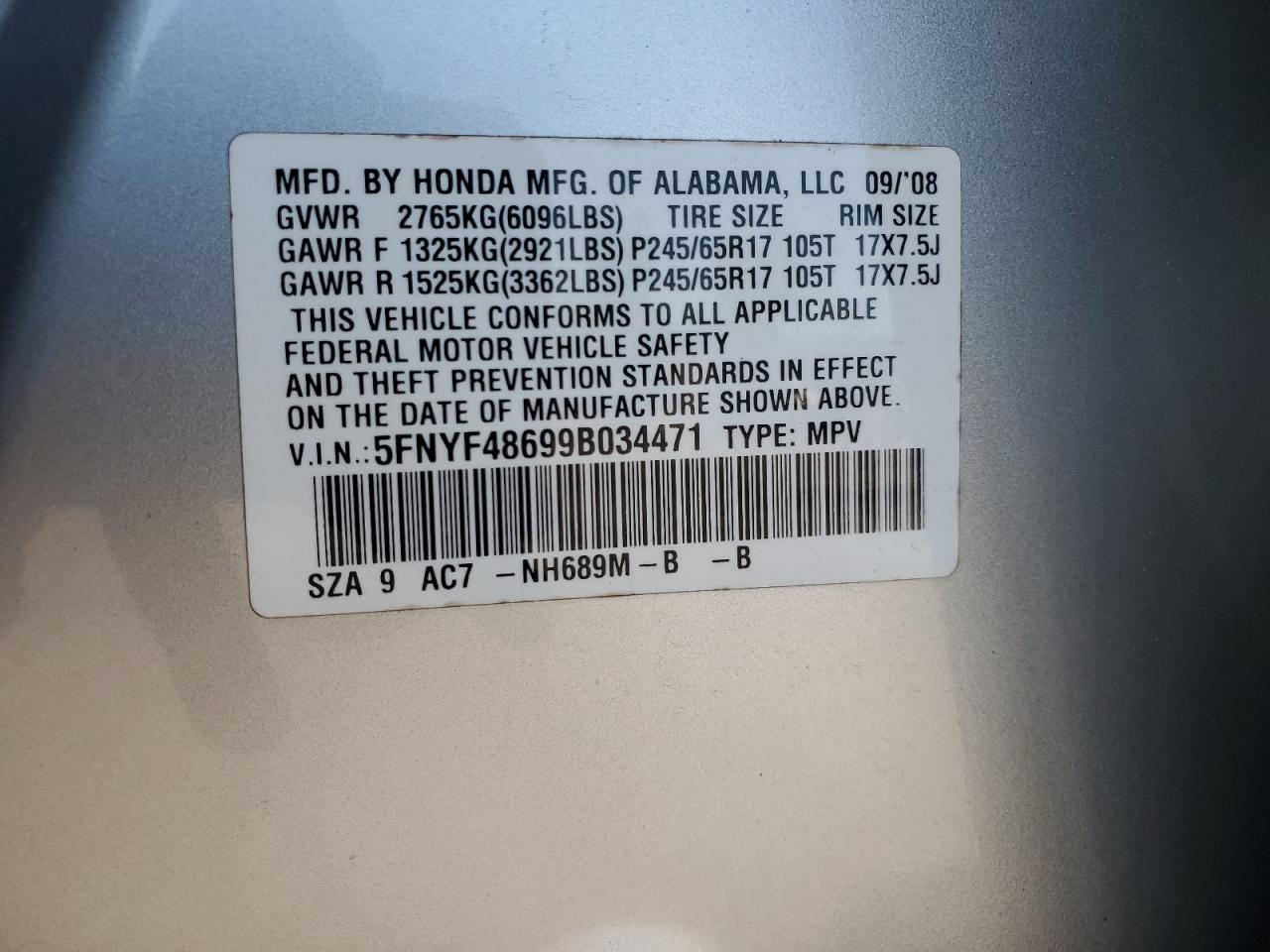 2009 Honda Pilot Exl VIN: 5FNYF48699B034471 Lot: 67459054