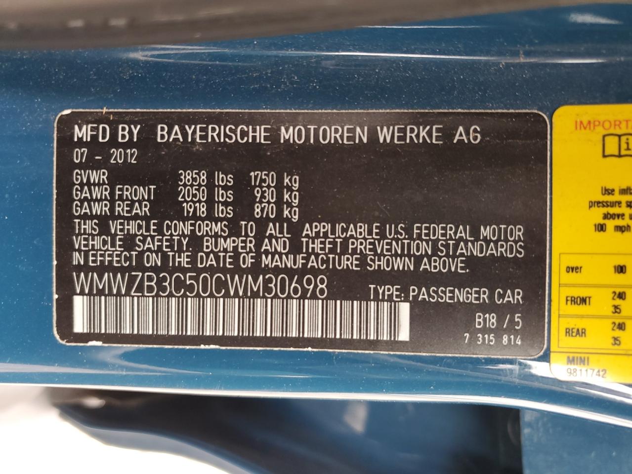 2012 Mini Cooper Countryman VIN: WMWZB3C50CWM30698 Lot: 68227994