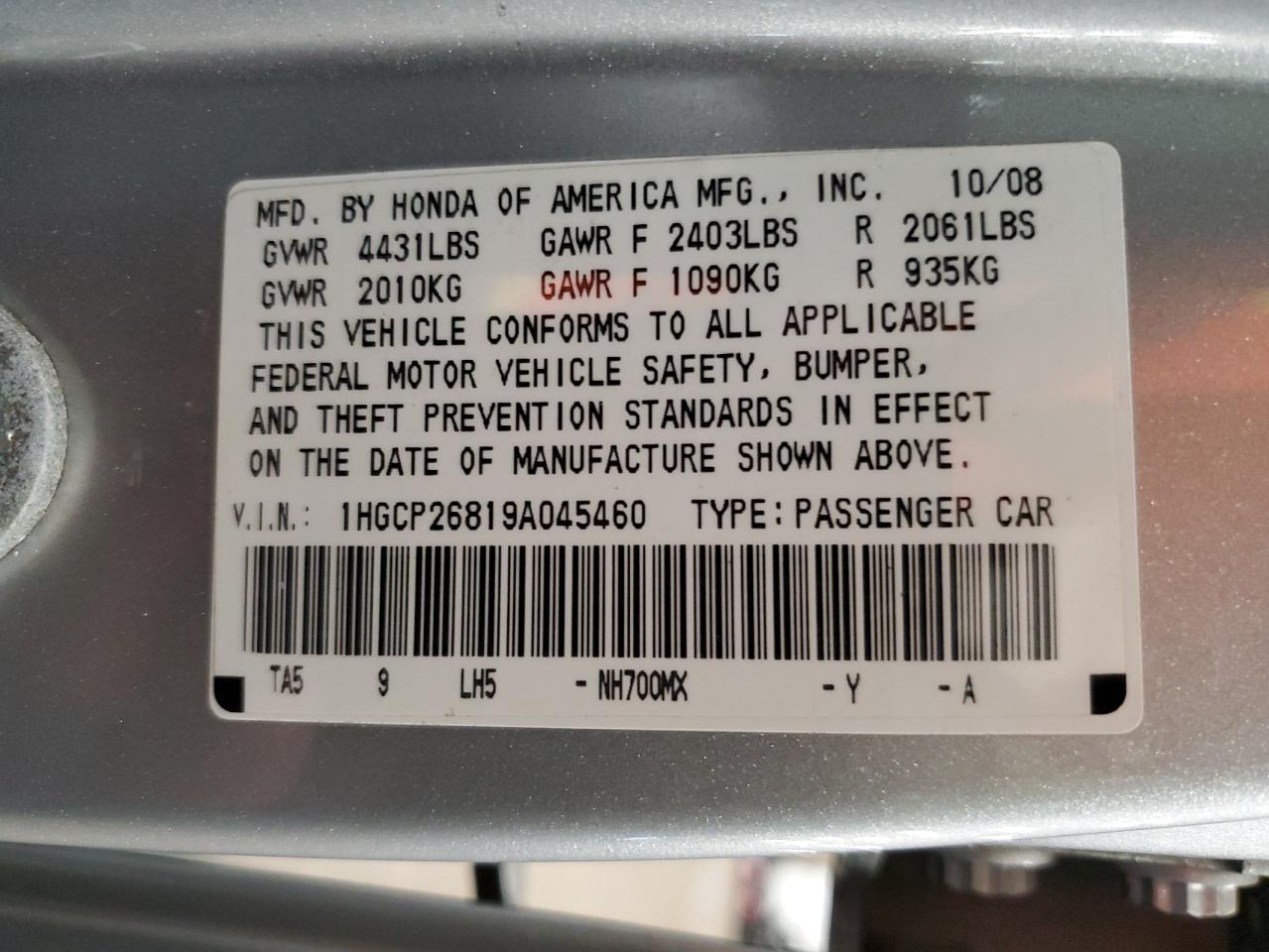 1HGCP26819A045460 2009 Honda Accord Exl