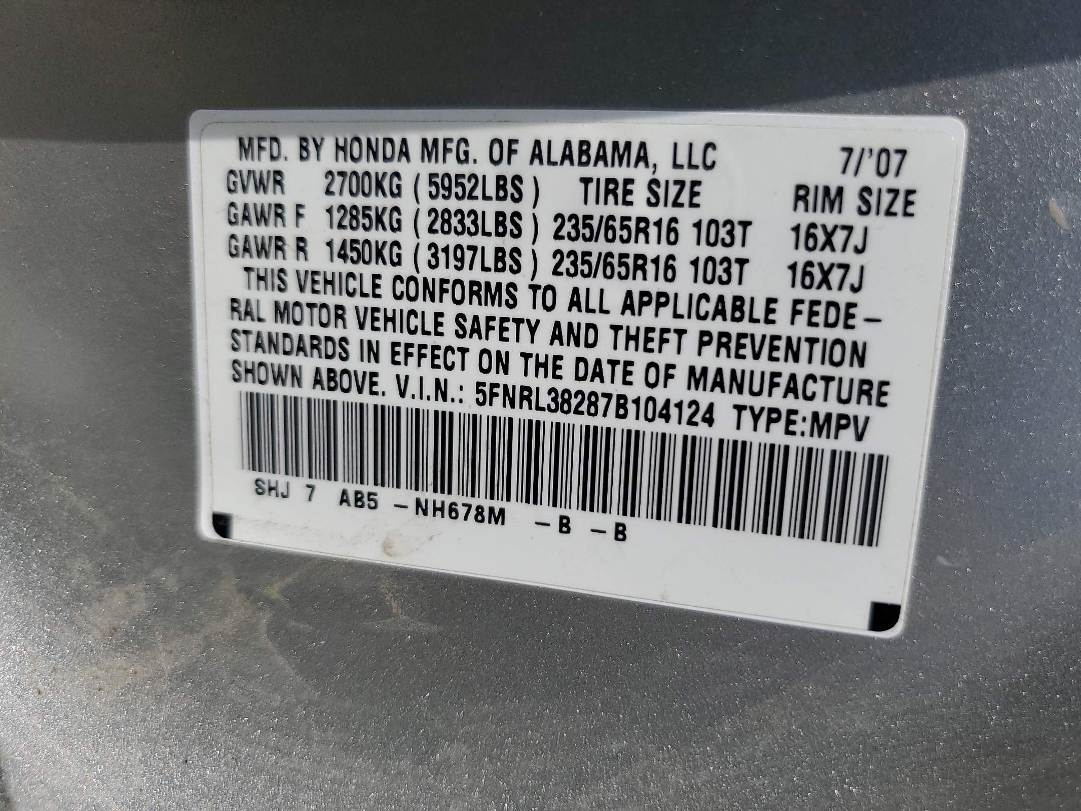 5FNRL38287B104124 2007 Honda Odyssey Lx