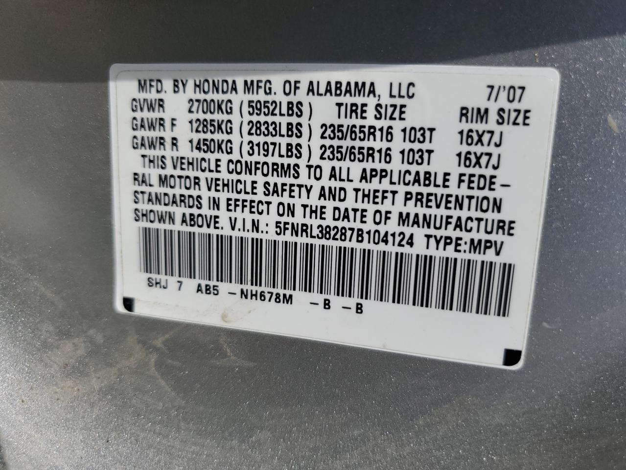 2007 Honda Odyssey Lx VIN: 5FNRL38287B104124 Lot: 65785294