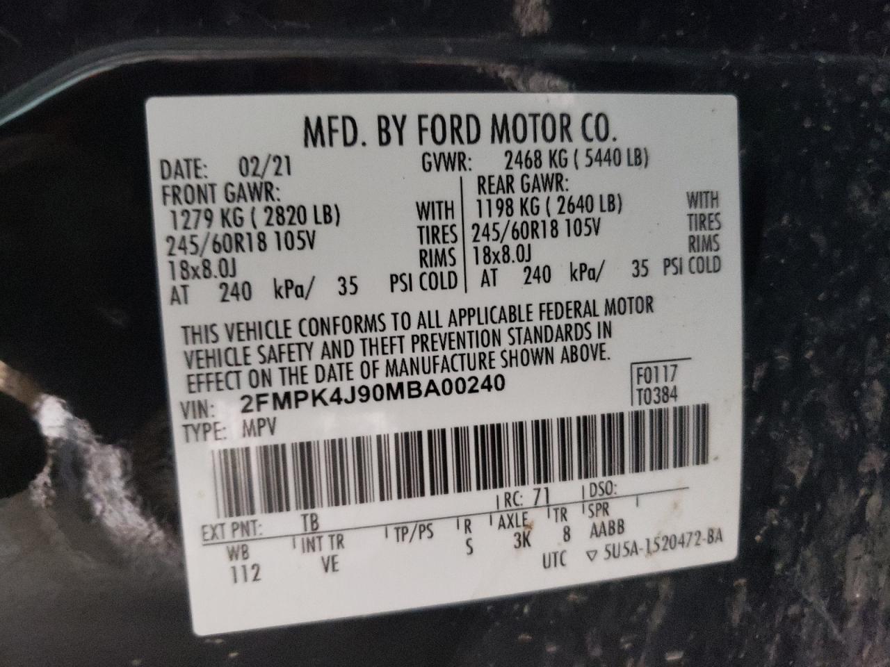 2021 Ford Edge Sel VIN: 2FMPK4J90MBA00240 Lot: 61981594