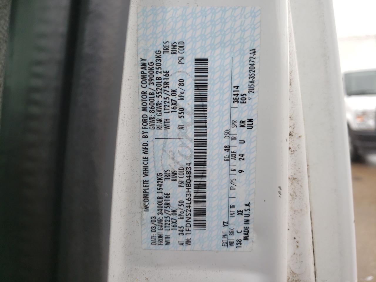 2003 Ford Econoline E250 Van VIN: 1FDNS24L63HB04834 Lot: 66942394