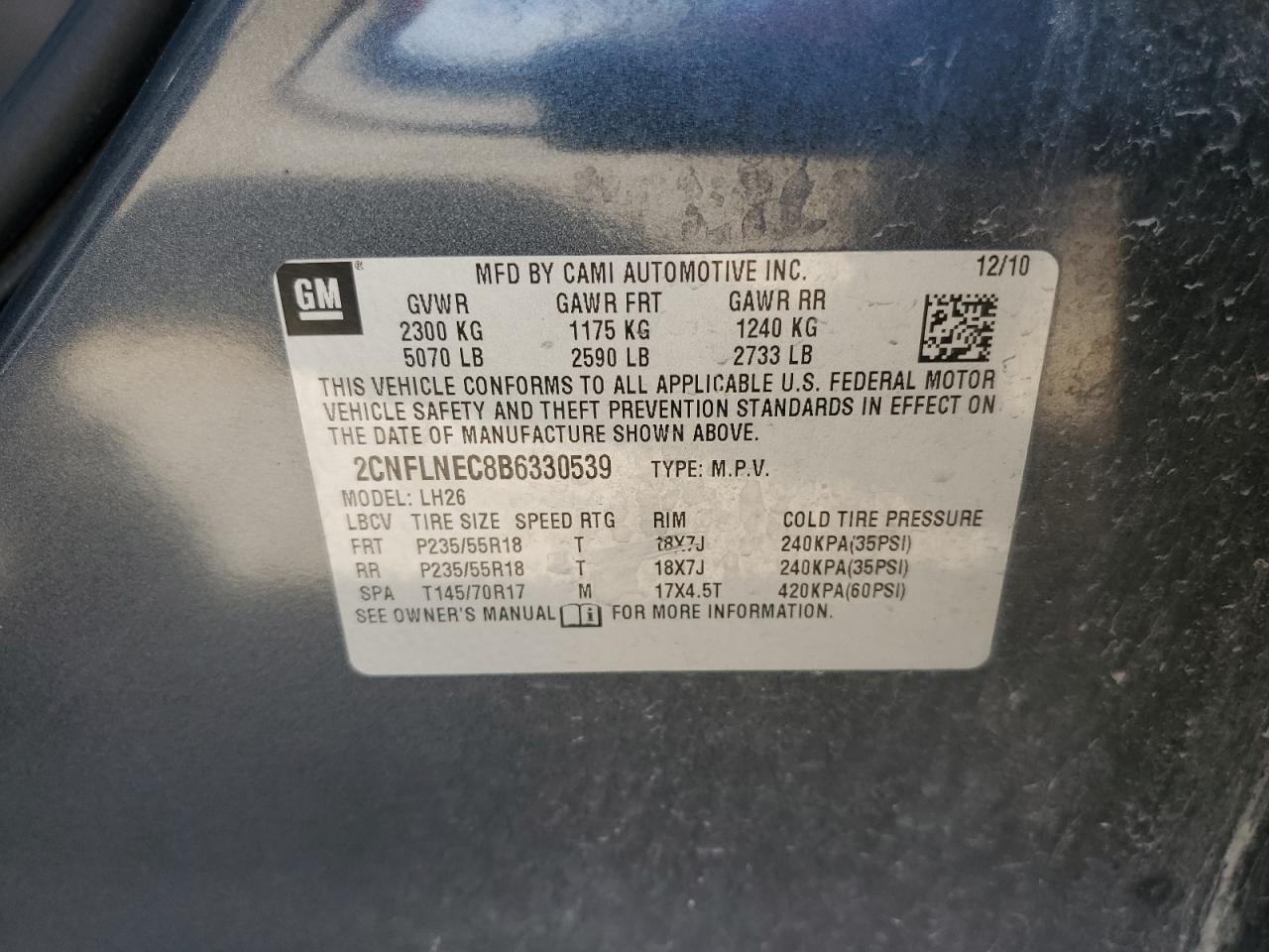 2CNFLNEC8B6330539 2011 Chevrolet Equinox Lt