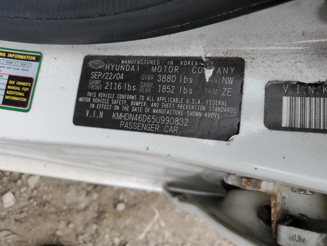 2005 Hyundai Elantra Gls VIN: KMHDN46D65U990832 Lot: 67737884